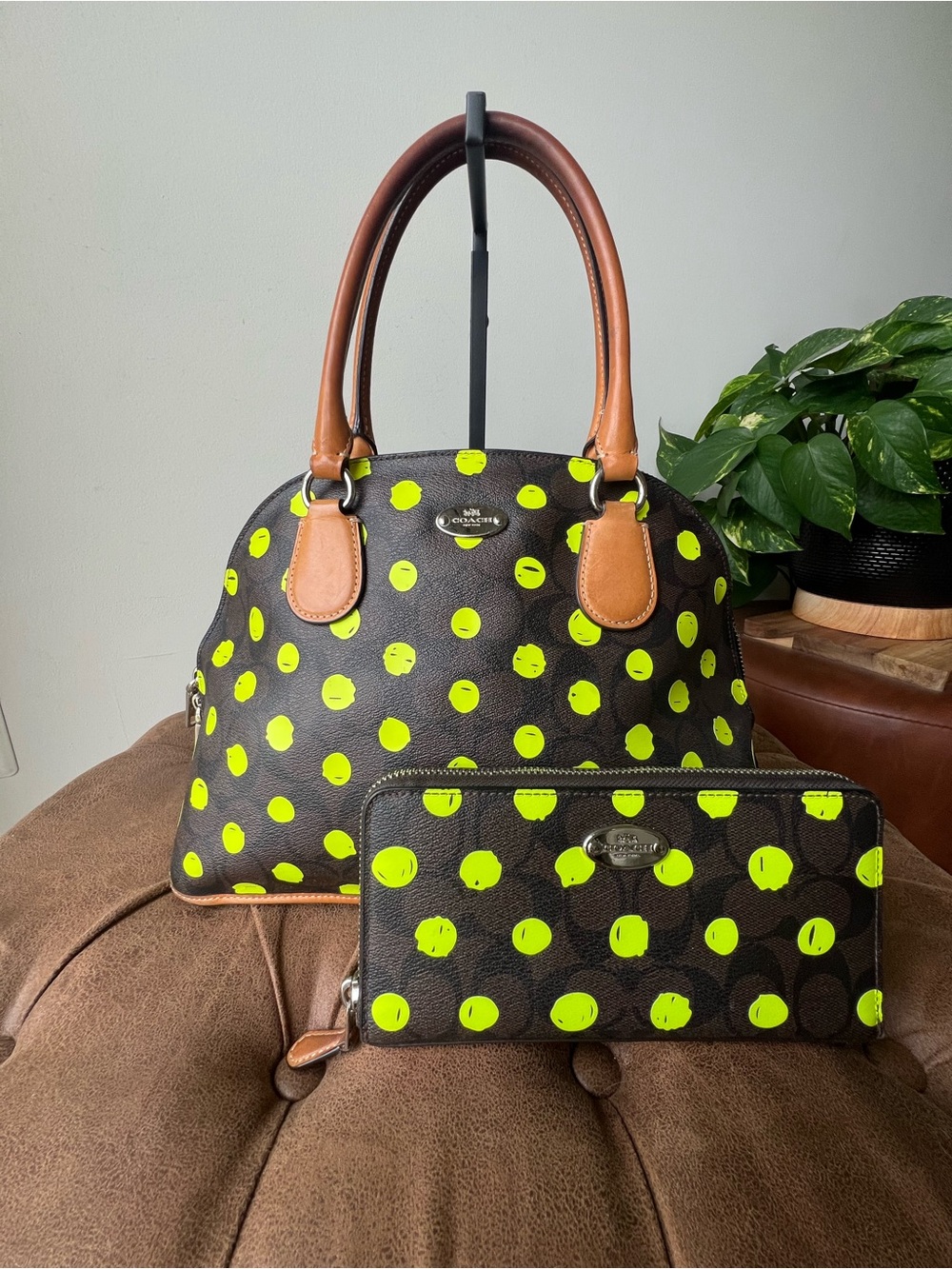 Coach Brown Logo Neon Polka Dot Purse Bag Satchel Medium with Matching Wallet